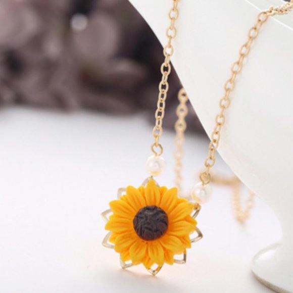Sunflower Necklace with Gold Plated Chain and Pearl Accents - Picture 3 of 6